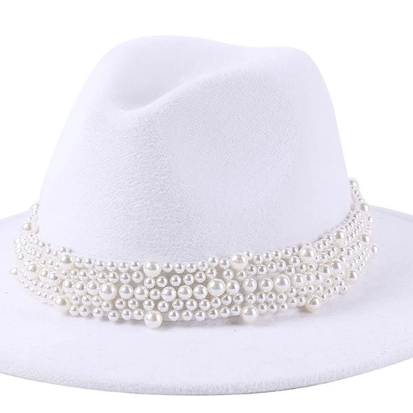 Style White Fashion Fedora Jazz Hat with Wide Pearl Belt - Picture 2 of 9